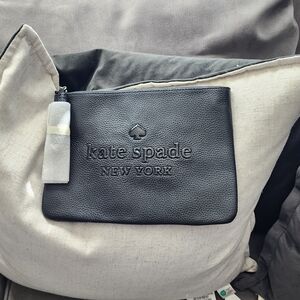 kate spade Black Pebbled Leather Embossed Logo Clutch / Wristlet With Tassel